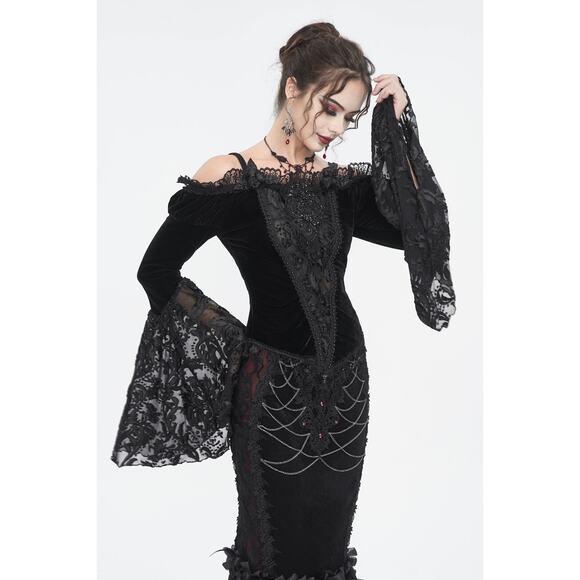 Devil Fashion Gothic Victorian Vampire Black Velvet Beaded Rose & Lace Top - Picture 13 of 16